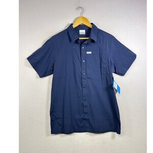 Columbia Silver Ridge Utility Shirt Mens M Navy Blue Short Sleeve Snap Button UP